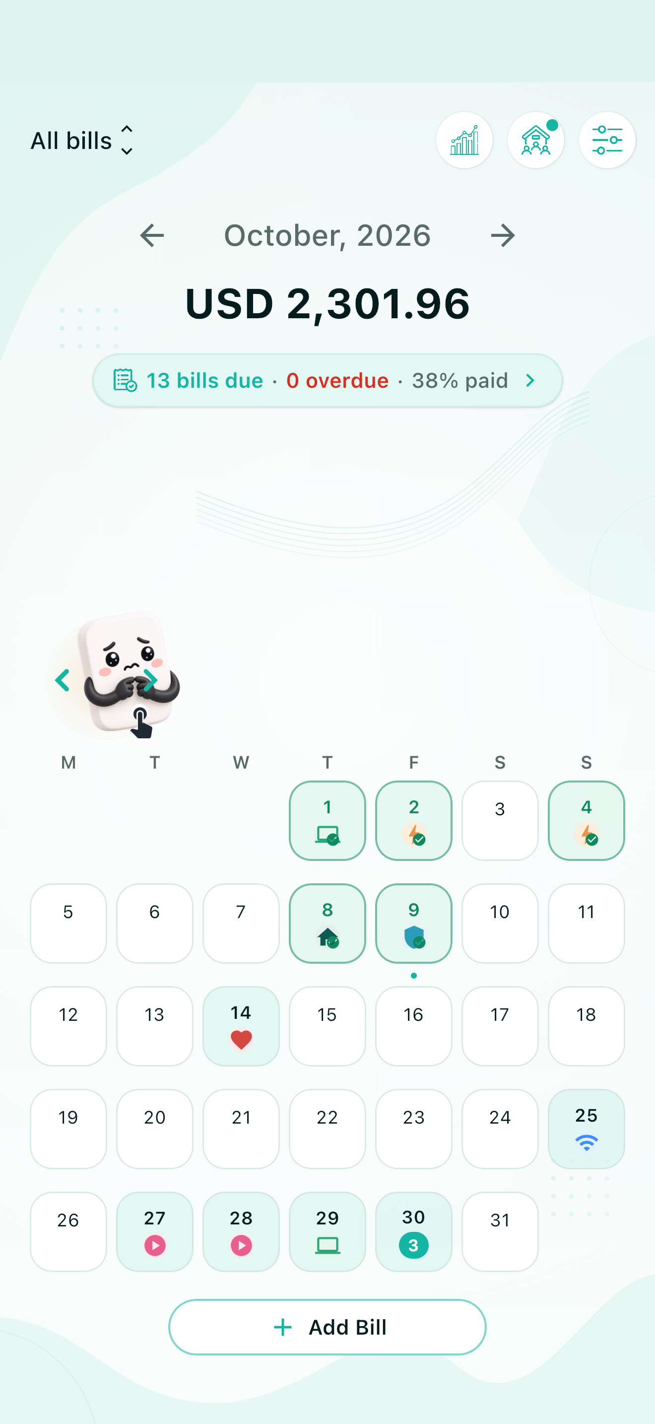 Bill Reminder calendar in light mode
