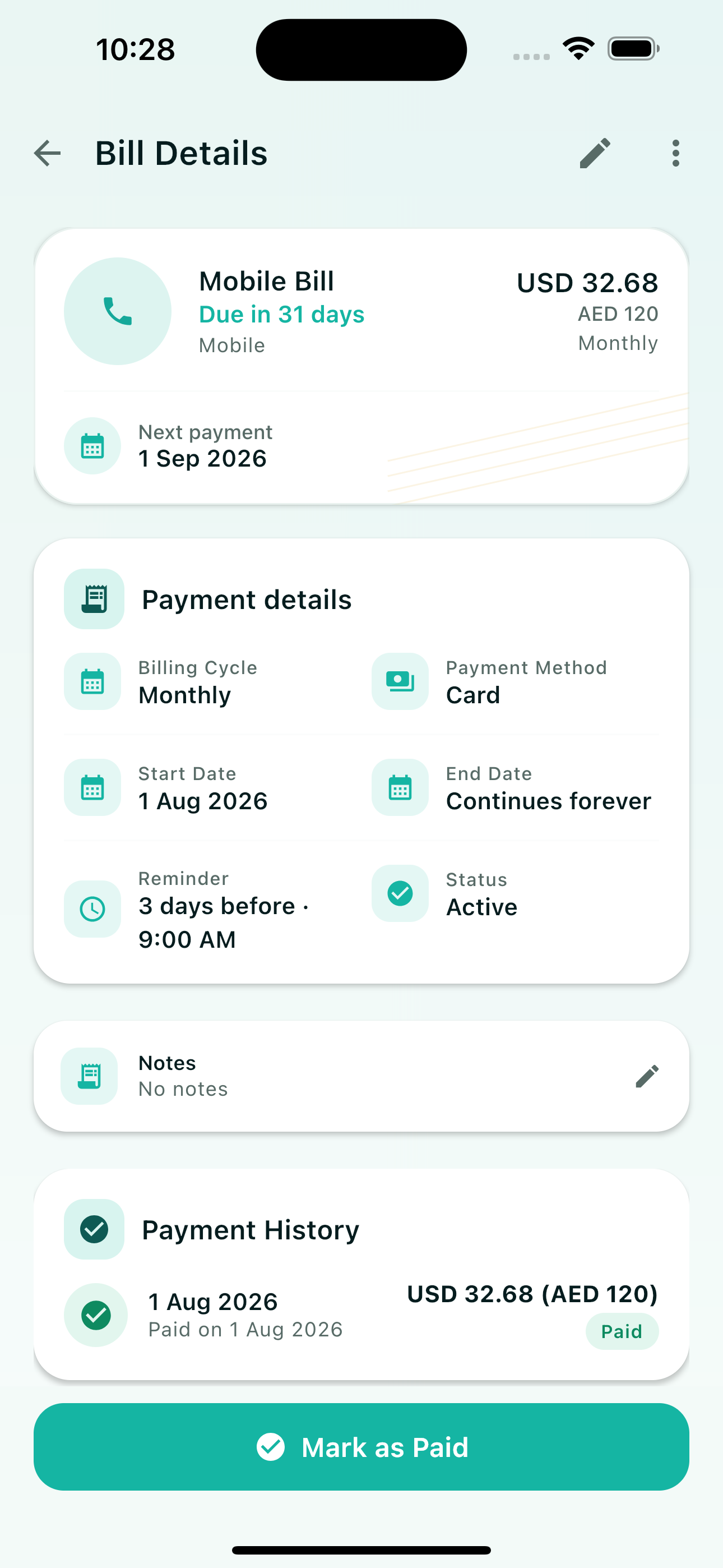 Bill details and payment history
