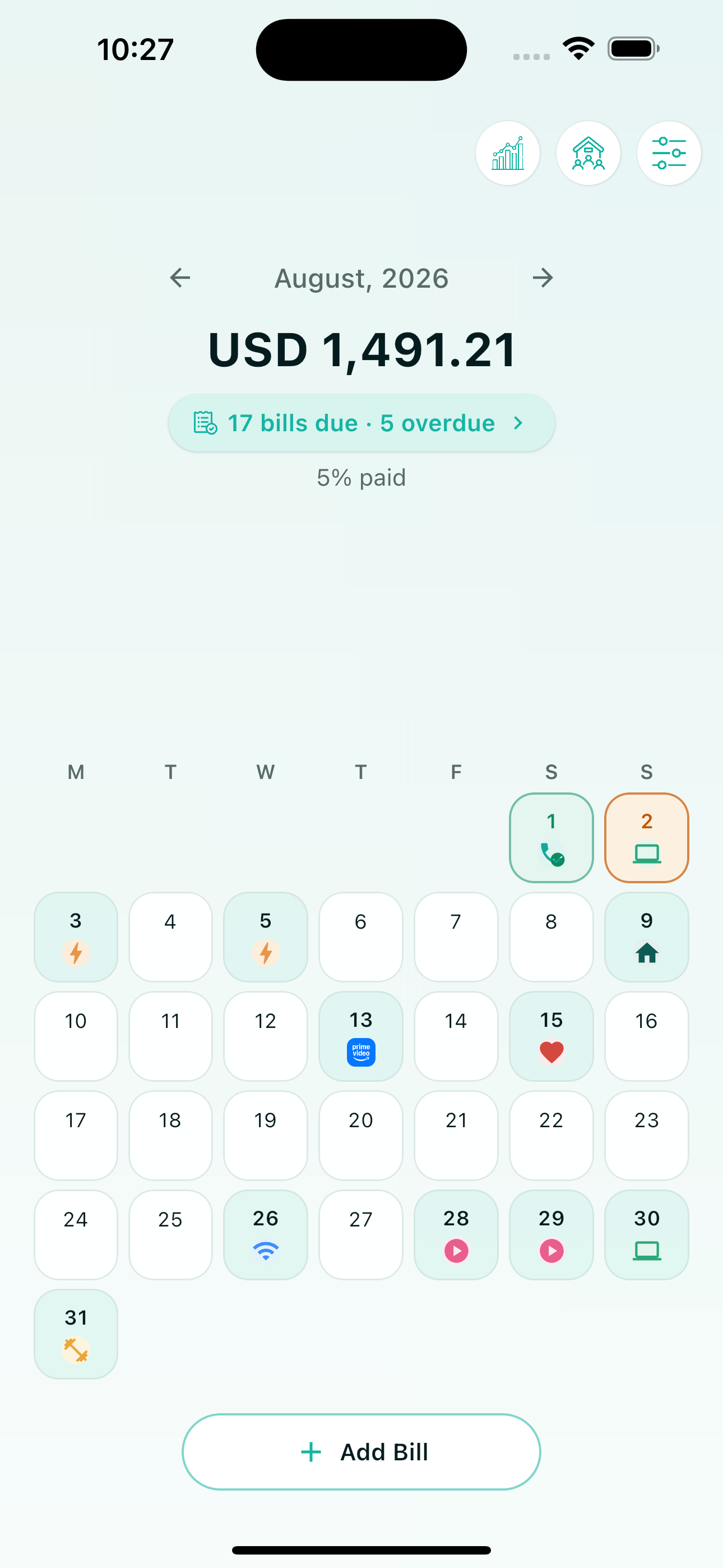 Bill Reminder monthly calendar showing payment due dates
